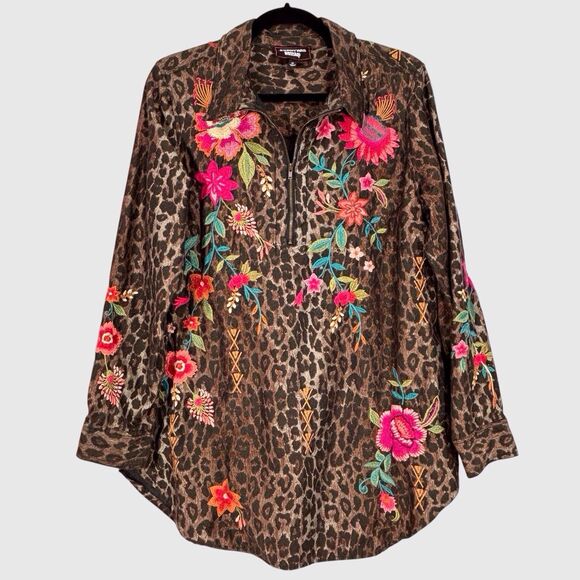Johnny Was Tops - Johnny Was Embroidered Floral Leopard Print Tunic Top